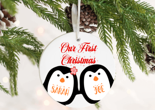 Personalised Couples first christmas tree decoration penguin design