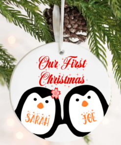 Personalised Couples first christmas tree decoration penguin design