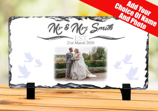 Wedding Anniversary Photo Slate With Personalised Names, Year and Photograph. Doves and Gray