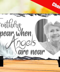Personalised memorial slate with photo and feather. Black and white feathers appear when angels are near. rest in peace heart photo