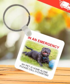 In case of emergency pet at home alone keyring with personalised phone number