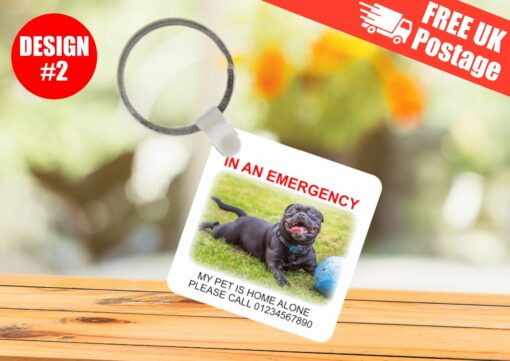 In case of emergency pet at home alone keyring with personalised phone number