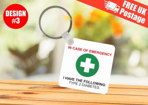 In case of emergency keyring for medication and medical conditions. personalised with medical condition details