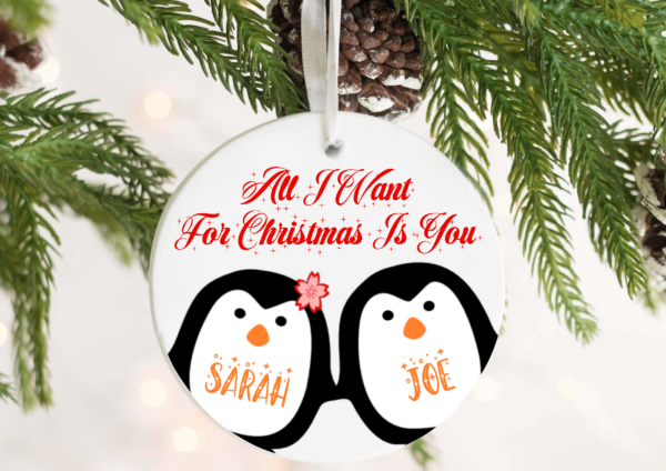 Personalised Couples Christmas Bauble Penguins