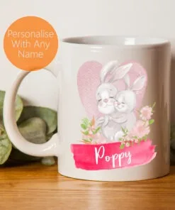 Personalised Easter Mug Cute Rabbits With Heart And Floral Patterns Personalised Name