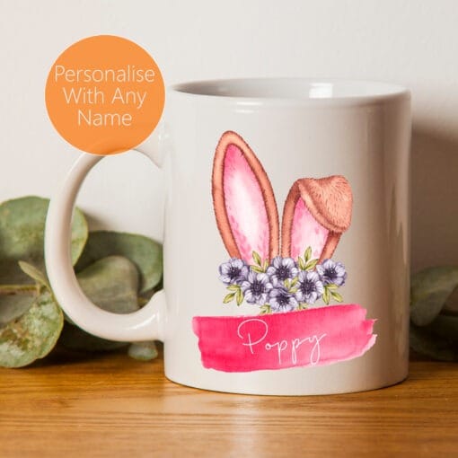 Personalised Easter Mug with Pink Watercolour Bunny Ears With Name - Image 2