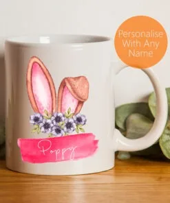 Personalised Easter Mug with Pink Watercolour Bunny Ears With Name
