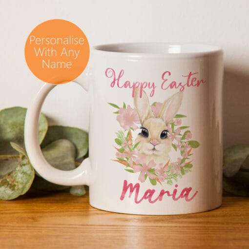 Easter Mug With Watercolour Bunny Rabbit and Pink Floral With Personalised Name - Image 2