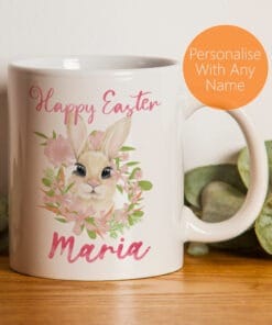 Easter Mug With Watercolour Bunny Rabbit and Pink Floral With Personalised Name