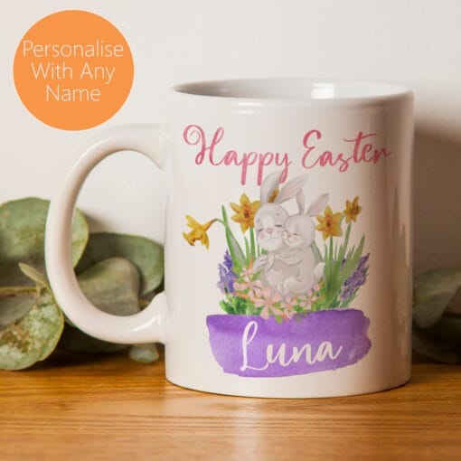 Easter Mug Personalised With Name with Cute Watercolour Bunnies - Image 2
