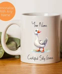 Certified Silly Goose Ceramic Mug With Personalised Name and Colour Illustration Of A Silly Goose