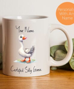 Certified Silly Goose Ceramic Mug With Personalised Name and Colour Illustration Of A Silly Goose