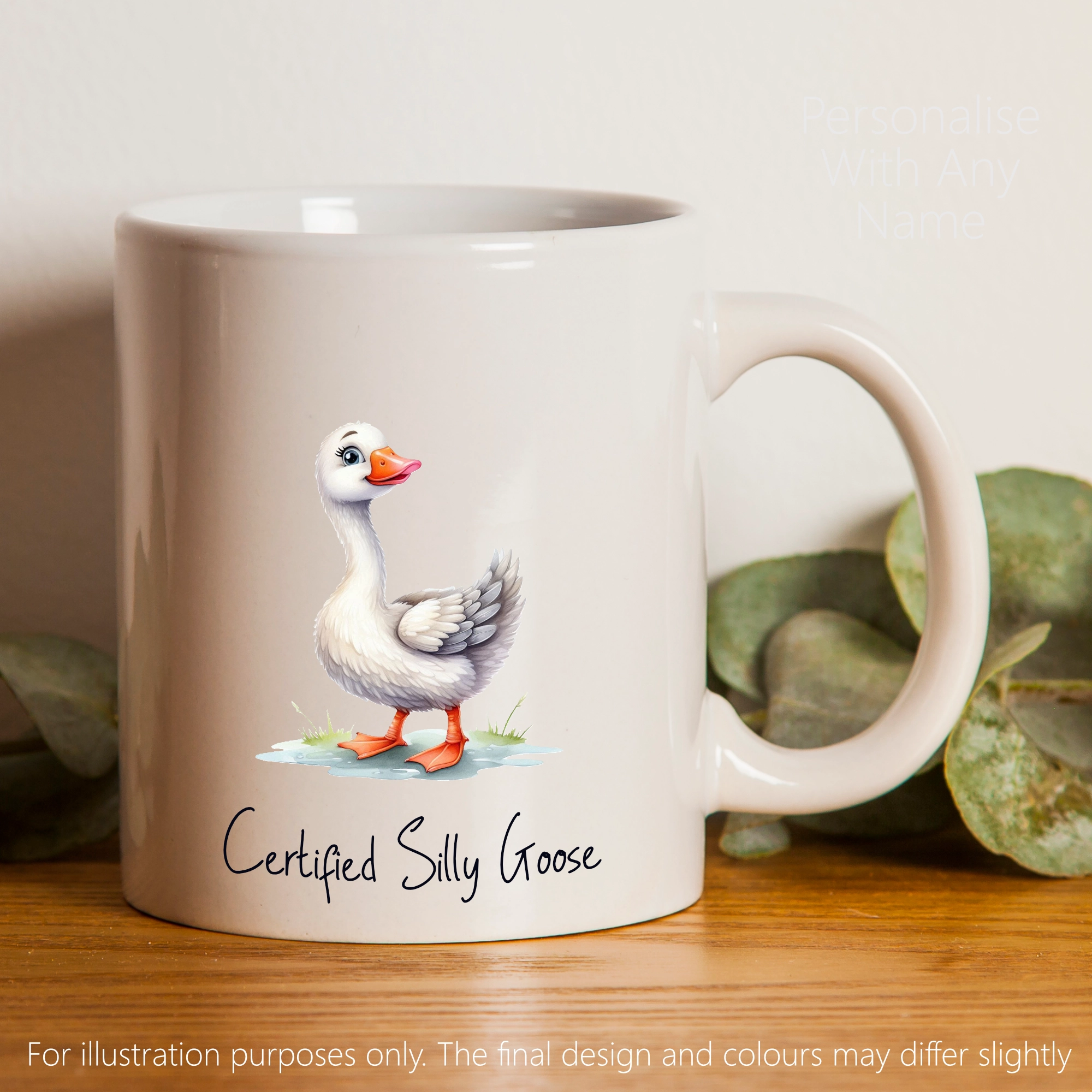 Certified Silly Goose Ceramic Mug With Personalised Name and Colour Illustration Of A Silly Goose