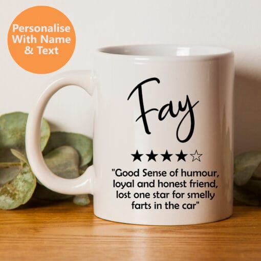 Star rating mug with review text front