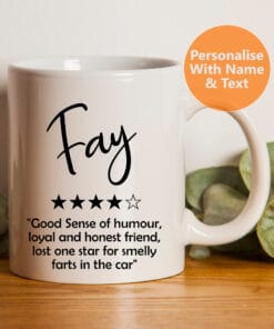 Star rating mug with review text back